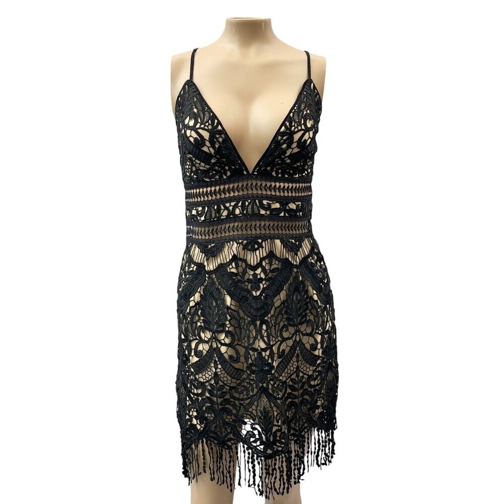 Saylor Black Guipure Lace Fringe‎ Hem Spaghetti Strap Deep V-Neck Midi Dress S
